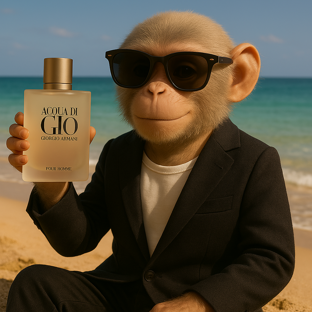 Mono con traje y gafas de sol sosteniendo perfume en la playa