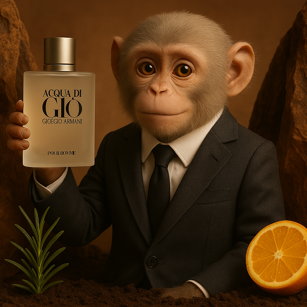 Mono elegante con traje sosteniendo perfume junto a una naranja