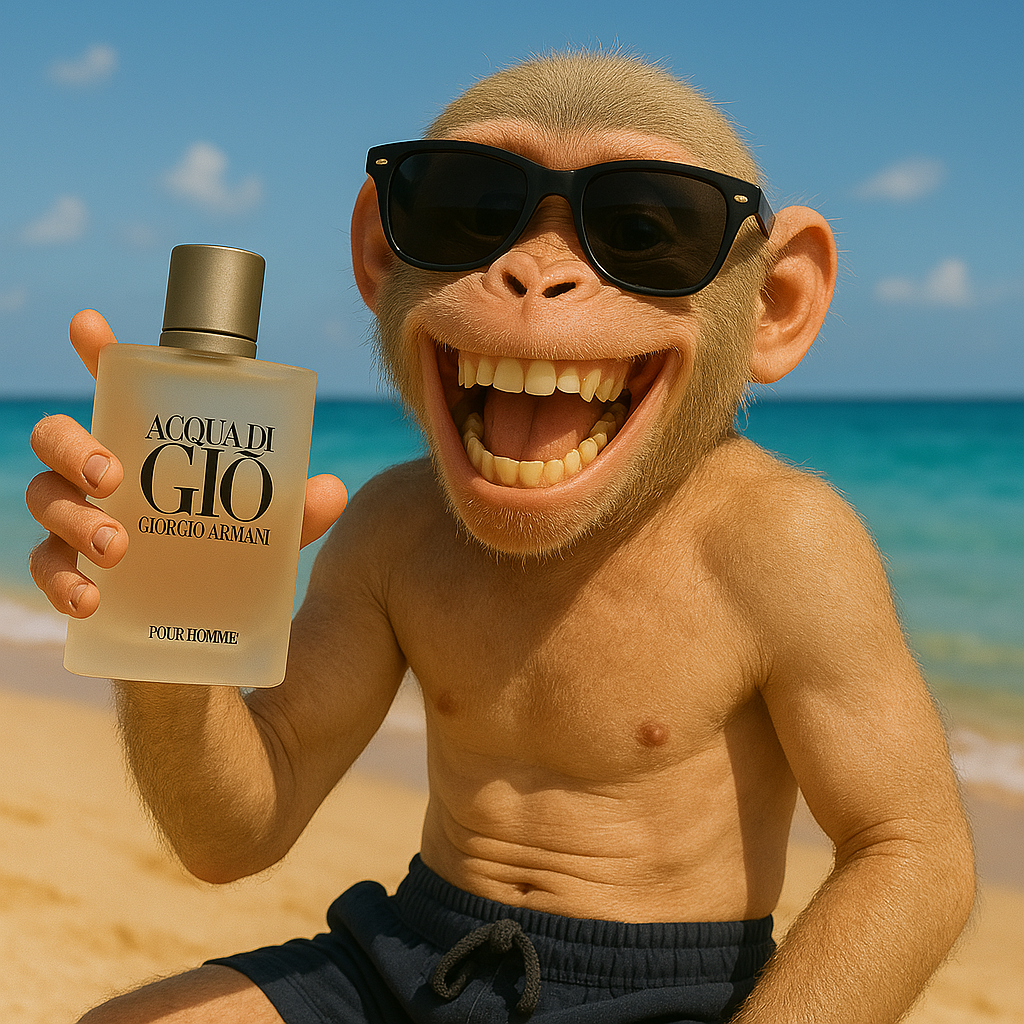 Mono riendo en la playa sosteniendo perfume