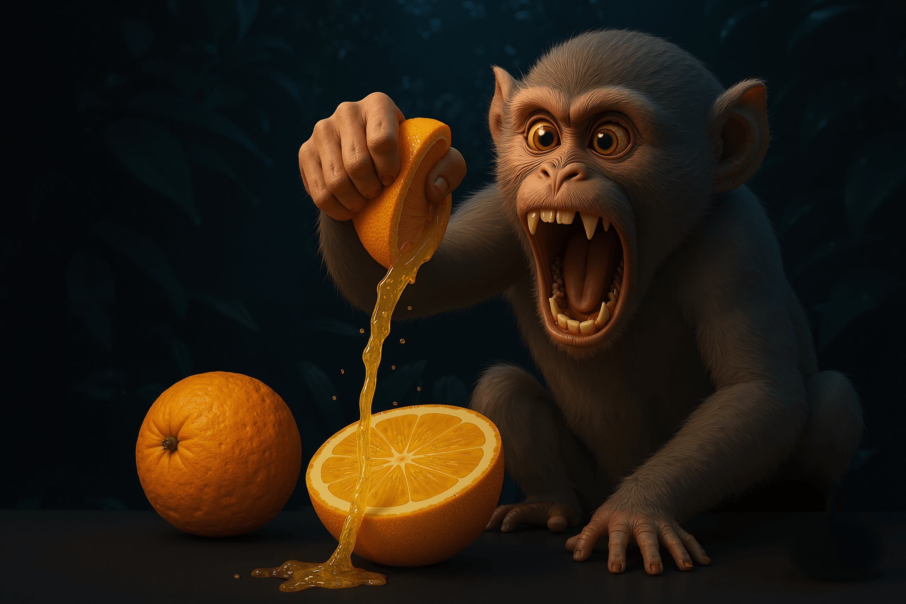 Mono exprimiendo una naranja