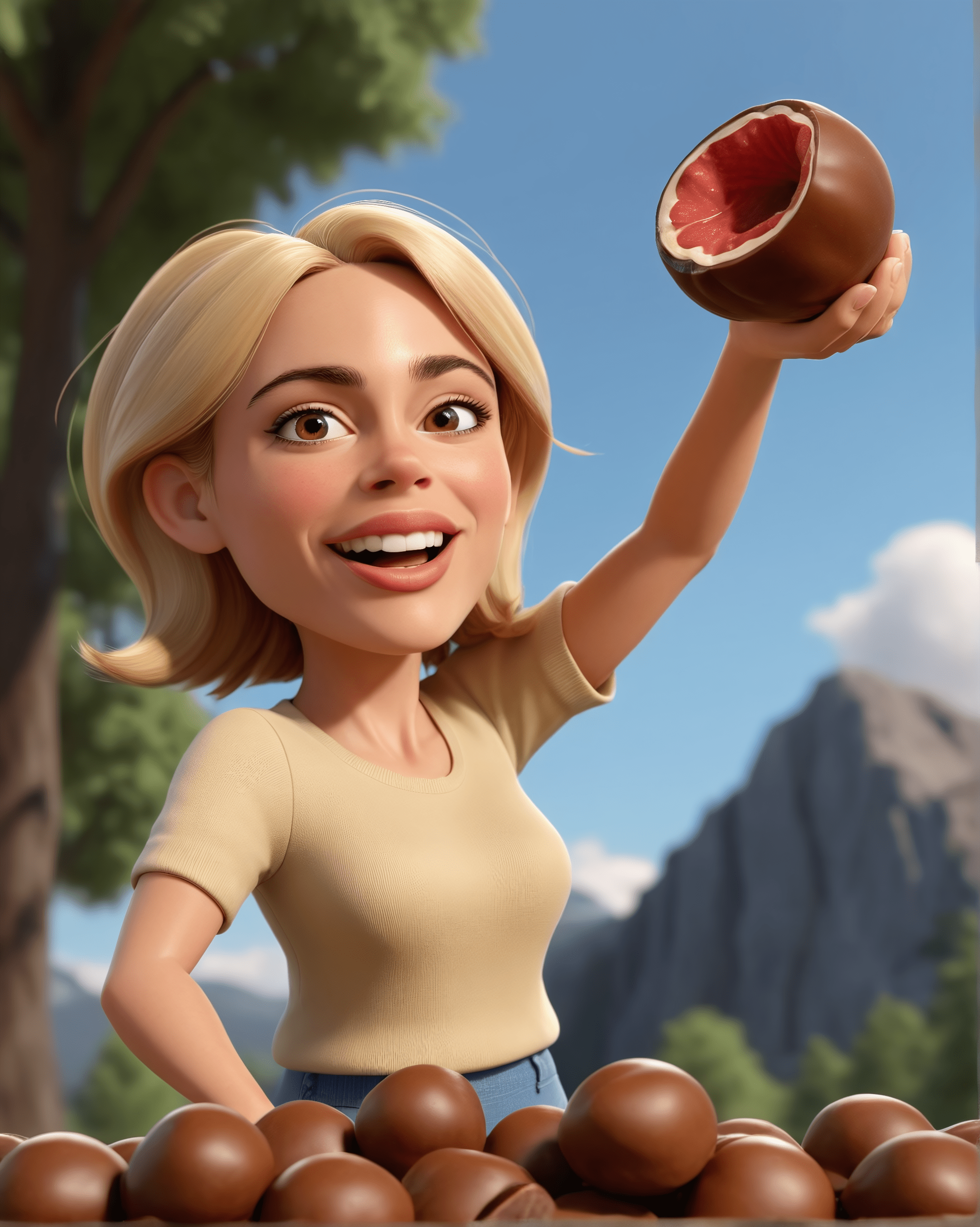 Personaje 3D femenino rubio con chocolate
