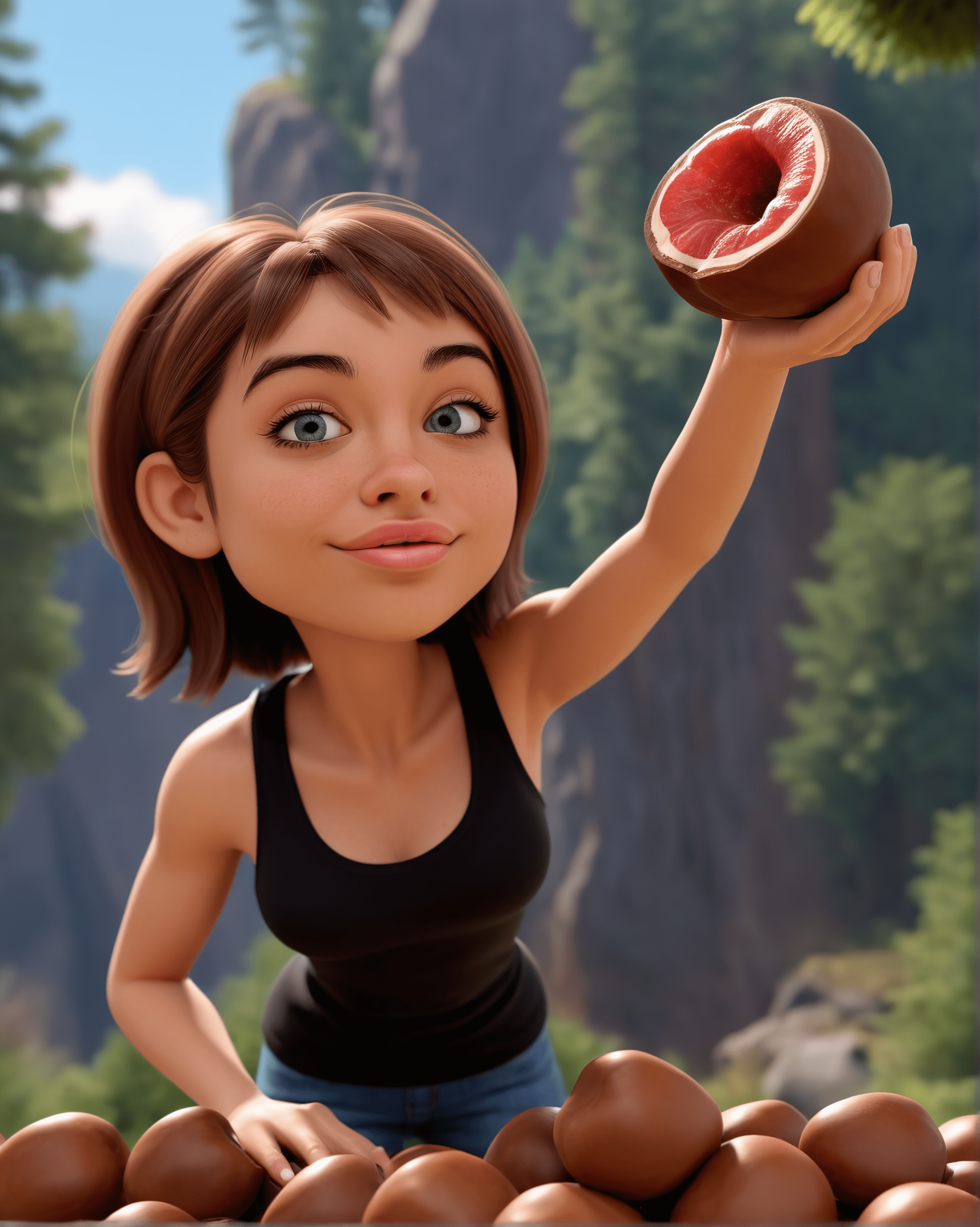 Personaje 3D femenino moreno con chocolate