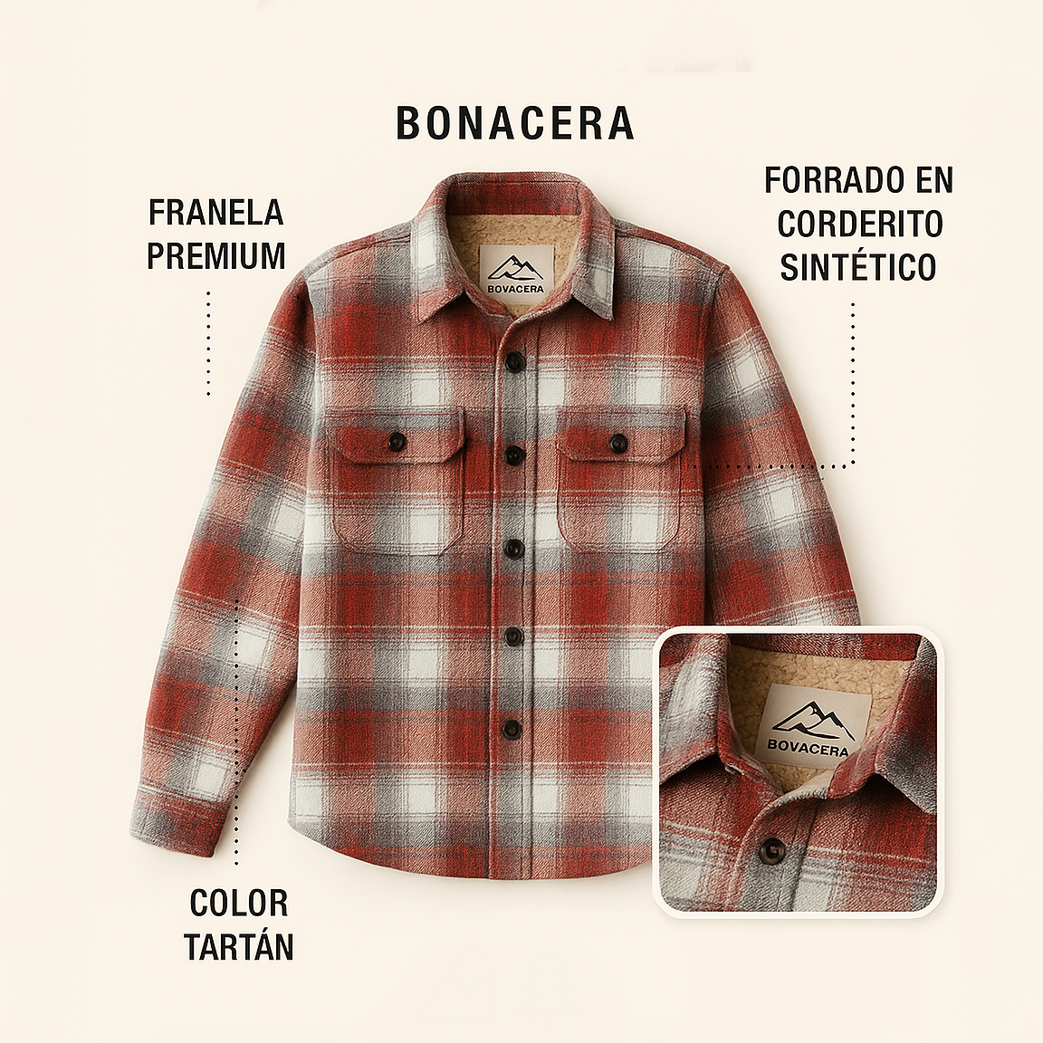 Camisa Bonacera de franela premium en color tartán con forro de corderito sintético