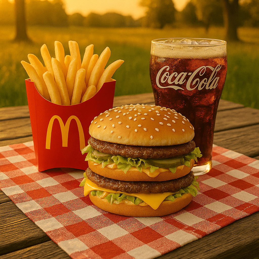 Combo de McDonald's con Big Mac, papas y Coca-Cola al atardecer