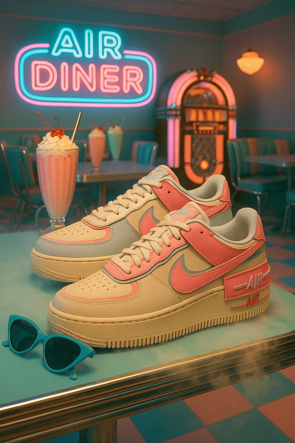 Zapatillas Nike Air Force 1 en colores pastel en un diner retro