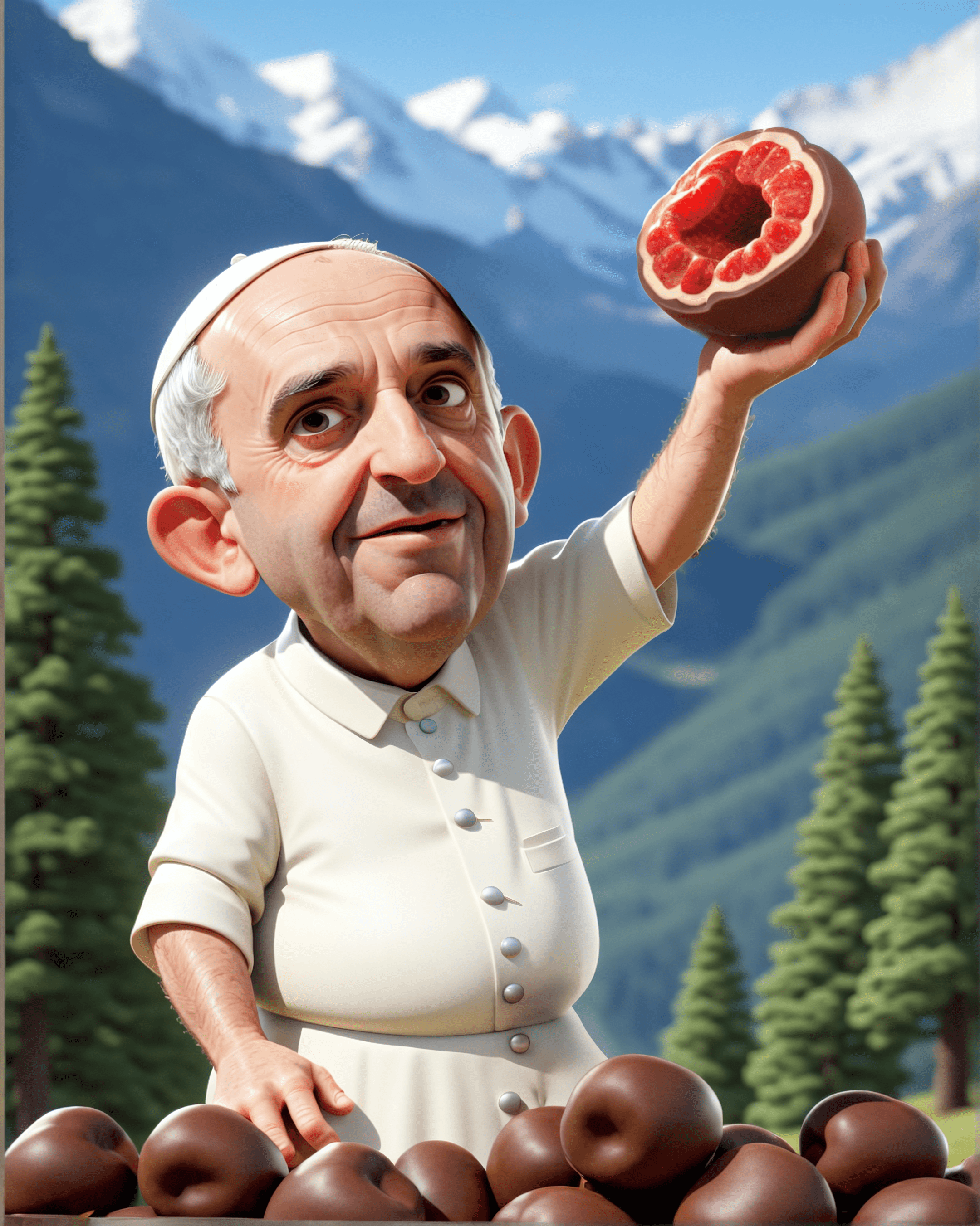 Personaje 3D del Papa con chocolate
