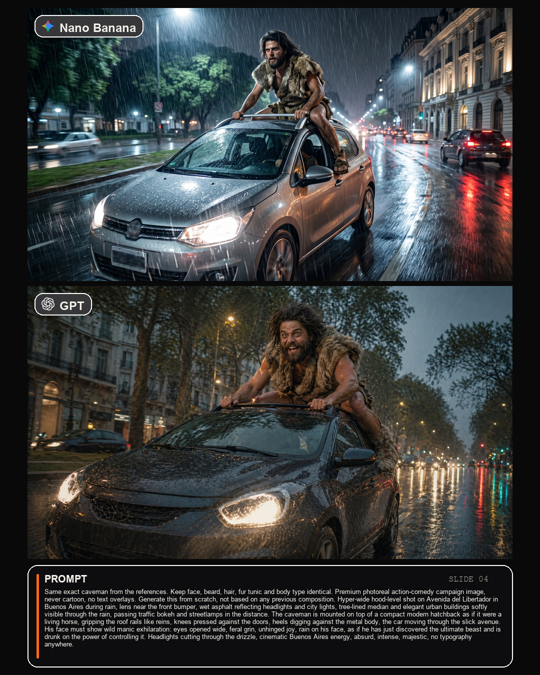 Slide comparativa auto como caballo entre Nano Banana y GPT Image 2